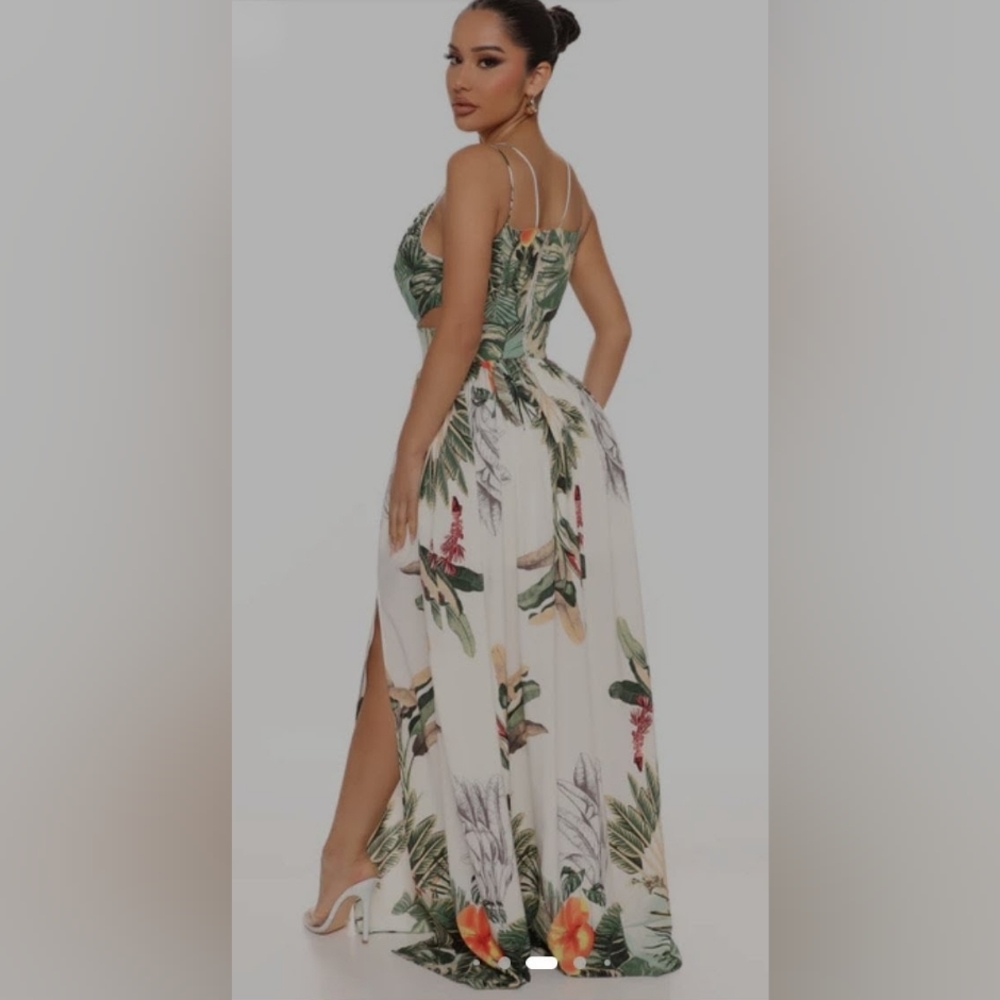 Fashion Nova White Tropical Maxi Dress with Green Leaf Bodice - Picture 4 of 4